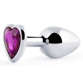 Серебристая анальная пробка с фиолетовым кристаллом-сердечком - 8 см. - Anal Jewelry Plug - купить с доставкой в Рыбинске