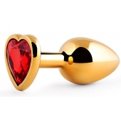 Золотистая анальная пробка с красным стразом-сердечком - 8 см. - Anal Jewelry Plug - купить с доставкой в Рыбинске