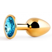 Золотистая анальная пробка с голубым стразом - 7,2 см. - Anal Jewelry Plug - купить с доставкой в Рыбинске