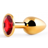 Золотистая анальная пробка с красным стразом - 7,2 см. - Anal Jewelry Plug - купить с доставкой в Рыбинске