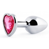 Серебристая анальная пробка с розовым кристаллом-сердечком - 7 см. - Anal Jewelry Plug - купить с доставкой в Рыбинске