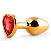 Золотистая анальная пробка с красным стразом-сердечком - 7 см. - Anal Jewelry Plug - купить с доставкой в Рыбинске