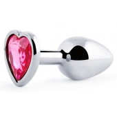 Серебристая анальная пробка с малиновым кристаллом-сердечком - 7 см. - Anal Jewelry Plug - купить с доставкой в Рыбинске