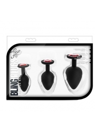 Набор черных анальных пробок с красным кристаллом-сердечком Bling Plugs Training Kit - Blush Novelties - купить с доставкой в Рыбинске