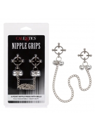 Металлические зажимы для сосков на цепочке Nipple Grips 4-Point Nipple Press with Bells - California Exotic Novelties - купить с доставкой в Рыбинске