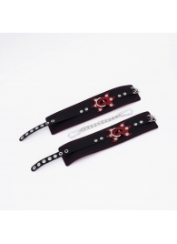 Черные кожаные оковы с красным декором и строчкой - Crazy Handmade - купить с доставкой в Рыбинске