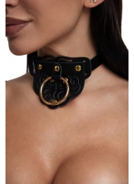 Черный фигурный кожаный ошейник с золотистой фурнитурой - Crazy Handmade - купить с доставкой в Рыбинске