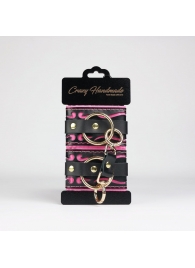Черные кожаные наручники с розовой строчкой - Crazy Handmade - купить с доставкой в Рыбинске