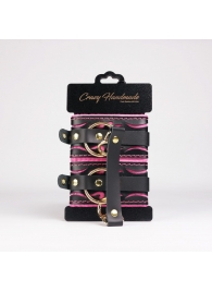 Черные кожаные оковы с розовой строчкой - Crazy Handmade - купить с доставкой в Рыбинске