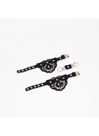 Черные кожаные наручники с клепками, кольцами и золотистой фурнитурой - Crazy Handmade - купить с доставкой в Рыбинске