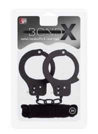 Чёрные наручники из листового металла в комплекте с веревкой BONDX METAL CUFFS LOVE ROPE SET - Dream Toys - купить с доставкой в Рыбинске