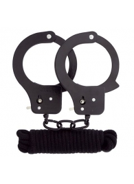 Чёрные наручники из листового металла в комплекте с веревкой BONDX METAL CUFFS LOVE ROPE SET - Dream Toys - купить с доставкой в Рыбинске