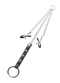 Серебристо-чёрные зажимы для сосков с кольцом для пениса TOYFA Metal - ToyFa - купить с доставкой в Рыбинске