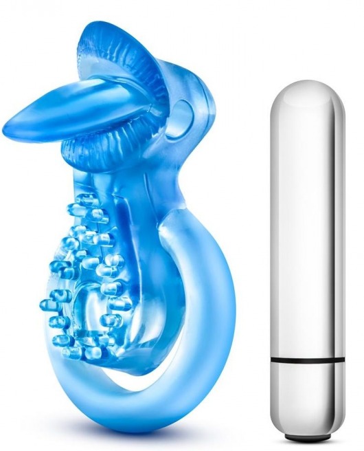 Голубое эрекционное виброкольцо 10 Function Vibrating Tongue Ring - Blush Novelties - в Рыбинске купить с доставкой