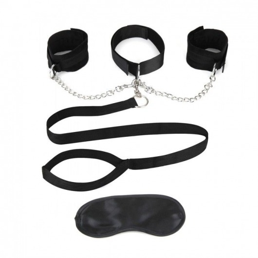 Чёрный ошейник с наручниками и поводком Collar Cuffs   Leash Set - Lux Fetish - купить с доставкой в Рыбинске