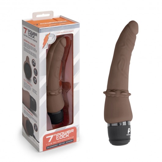 Коричневый анальный вибратор 7  Slim Anal Realistic Vibrator - 20 см. - PowerCocks