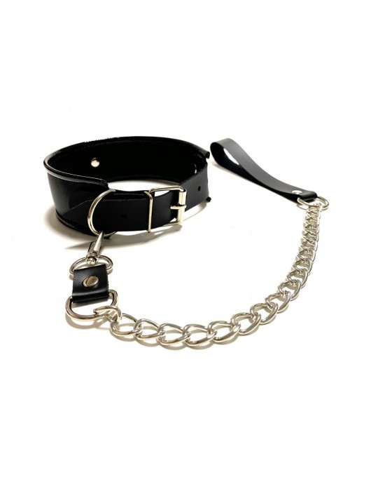 Черный ошейник с поводком из эко-кожи - БДСМ Арсенал - купить с доставкой в Рыбинске