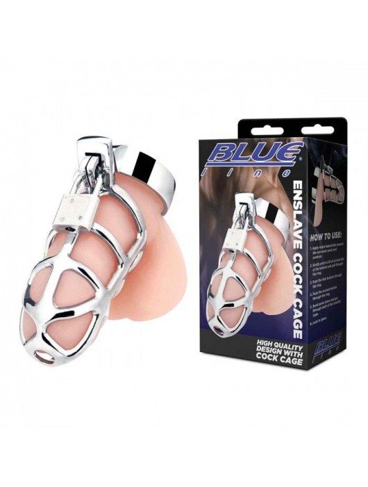 Серебристая металлическая клетка для члена с замком Enslave Cock Cage - BlueLine - купить с доставкой в Рыбинске