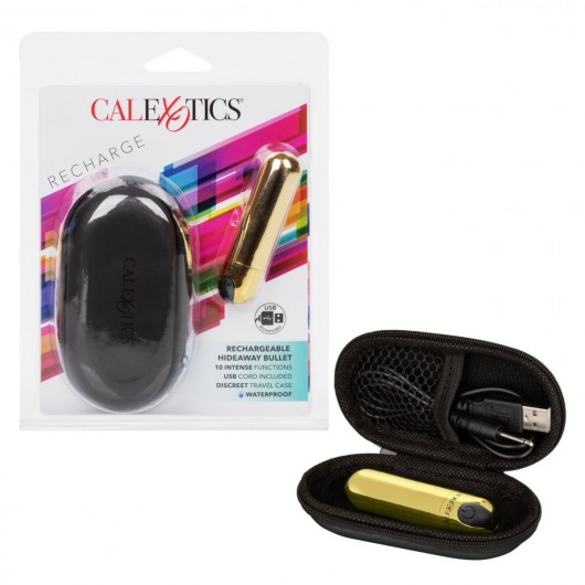 Золотистая вибропуля в чехле для хранения Rechargeable Hideaway Bullet - 7,5 см. - California Exotic Novelties