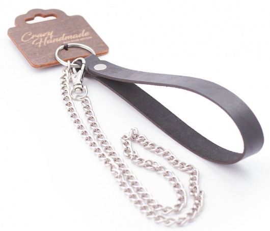 Серебристый металлический поводок с кожаной черной ручкой - 80 см. - Crazy Handmade - купить с доставкой в Рыбинске