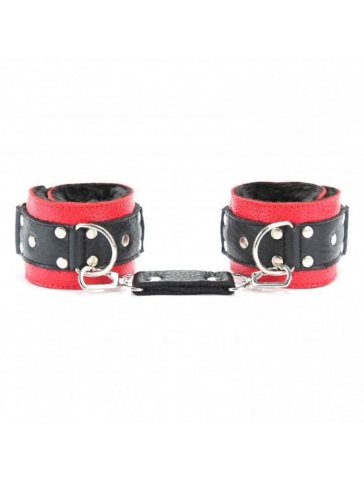 Красно-чёрные кожаные наручники с меховым подкладом - БДСМ Арсенал - купить с доставкой в Рыбинске