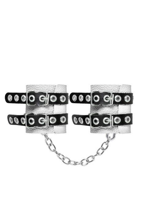 Бело-черные наручники с двумя ремешками и люверсами - Pecado - купить с доставкой в Рыбинске
