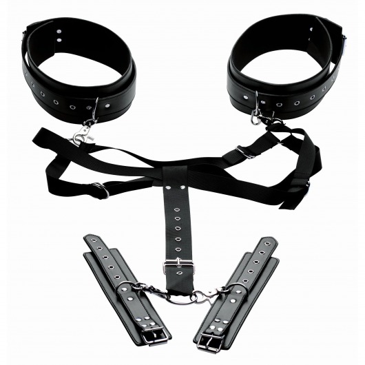 Черная бондажная система Acquire Easy Access Thigh Harness with Wrist Cuffs - XR Brands - купить с доставкой в Рыбинске