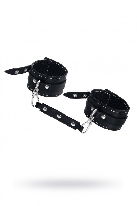 Черные двухслойные кожаные оковы с белой строчкой - Pecado - купить с доставкой в Рыбинске