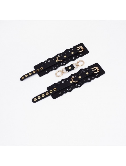 Черные кожаные наручники с узорами и золотистой фурнитурой - Crazy Handmade - купить с доставкой в Рыбинске