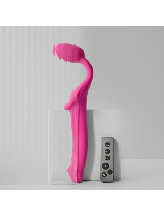 Ярко-розовый безремневой страпон Strap-on-me Vibrating Bendable Strap-On size L - Strap-on-me - купить с доставкой в Рыбинске