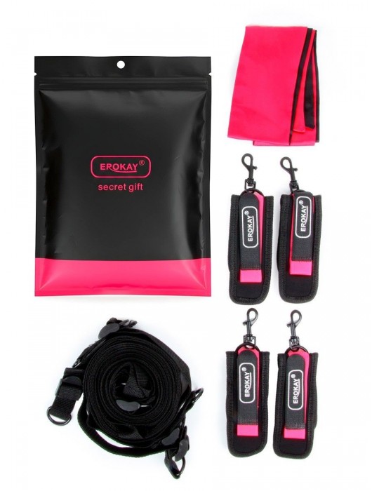 Черно-розовый эротический набор: фиксатор, оковы, наручники, повязка - Erokay - купить с доставкой в Рыбинске