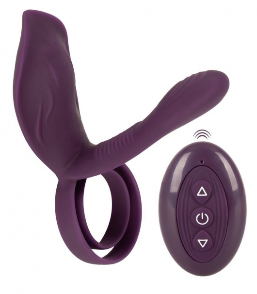 Фиолетовая насадка на член с клиторальным отростком и пультом ДУ RC Couple’s Vibrator 2 - Orion - в Рыбинске купить с доставкой